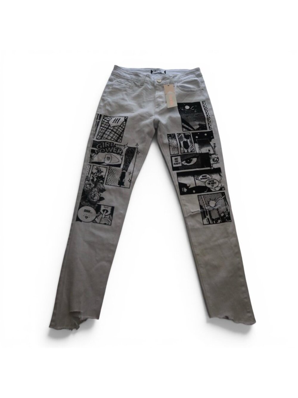 #918 Blue Topic Size 7/8 White Graphic Print Jeans With Comic & Girl Power Theme